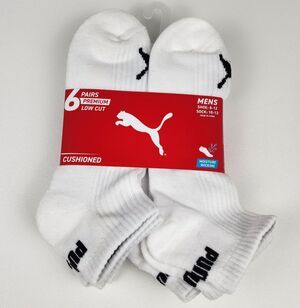 Puma Men’s Low Cut Socks 6-Pair Cushioned Moisture Wicking Size 10–13 - White